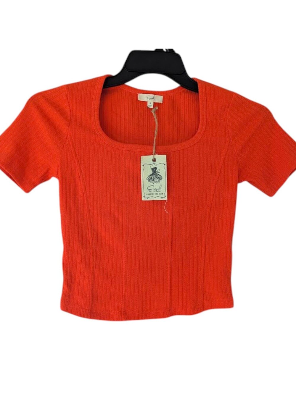 NWT Easel Womens Orange Ribbed Square Neck Top Small Stretch Babydoll 15x18.5